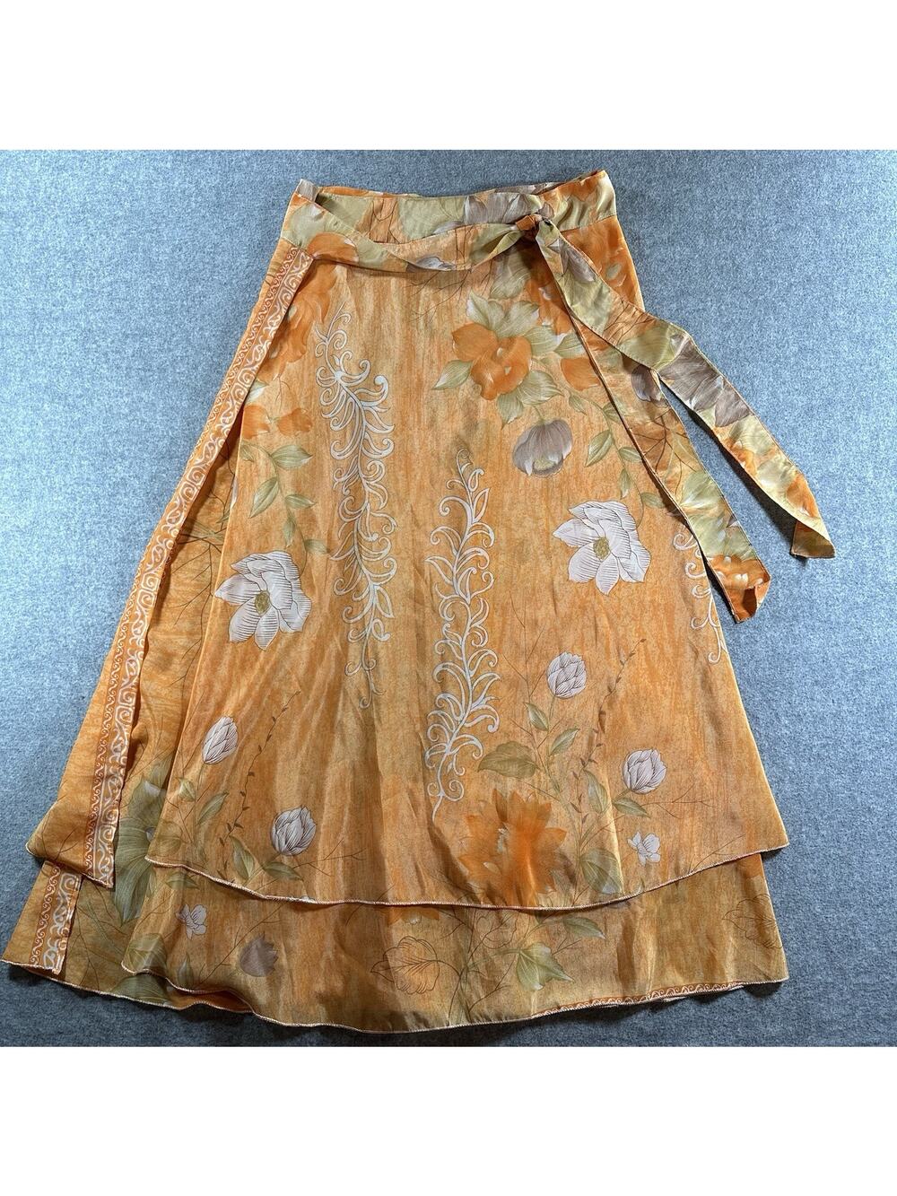Jovani Designs Women's Orange Floral Wrap Midi Skirt/Dress Silk Viscose L